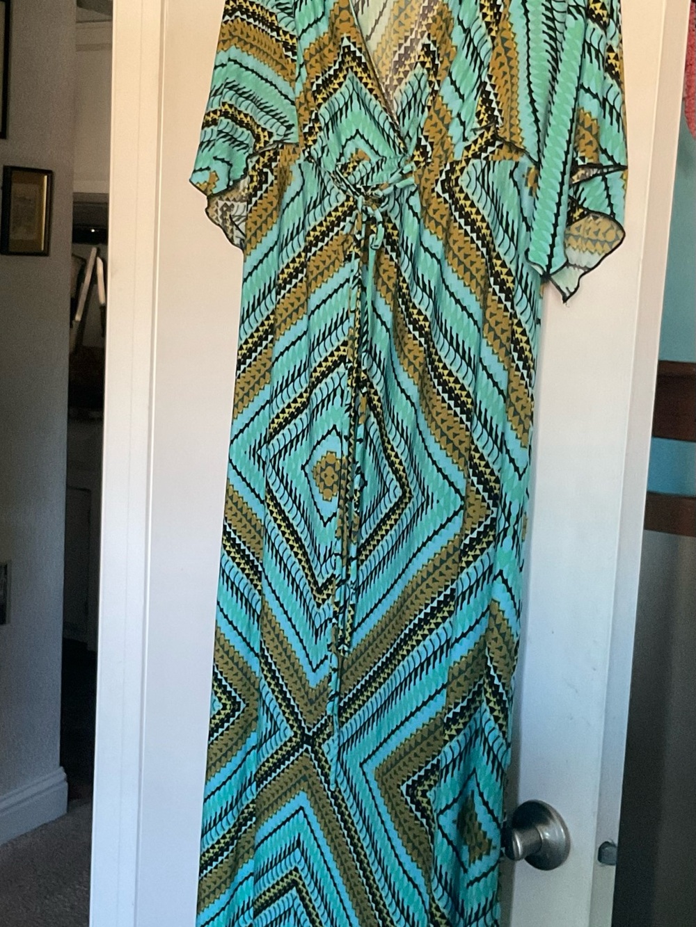 Women’s 16W Turquoise and Ochre Geometric Maxi Dress